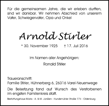 Traueranzeige von Arnold Stirler von Nordwest-Zeitung