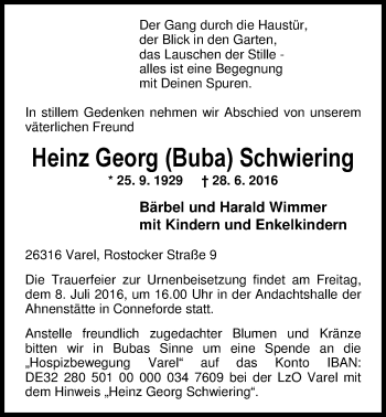 Traueranzeige von Heinz Georg (Buba) Schwiering von Nordwest-Zeitung