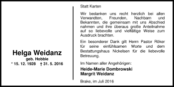 Traueranzeige von Helga Weidanz von Nordwest-Zeitung