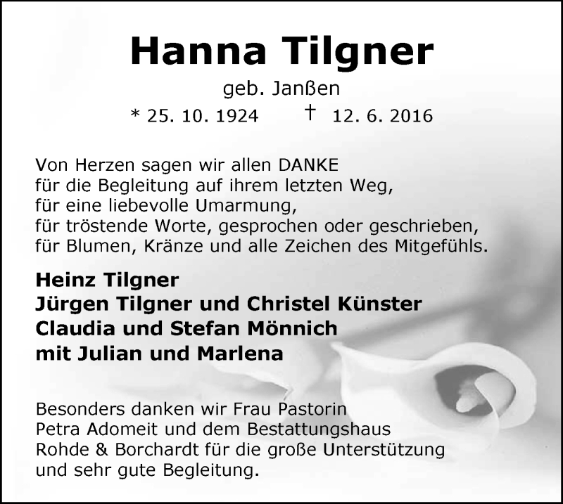  Traueranzeige für Hanna Tilgner vom 16.07.2016 aus Nordwest-Zeitung