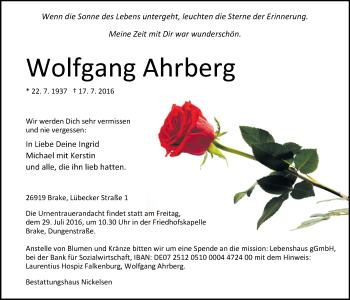 Traueranzeige von Wolfgang Ahrberg von Nordwest-Zeitung