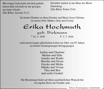 Traueranzeige von Erika Hochmuth von Nordwest-Zeitung