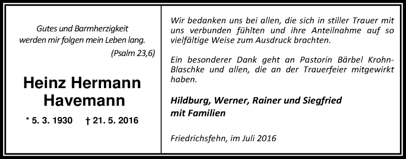  Traueranzeige für Heinz Hermann Havemann vom 02.07.2016 aus Nordwest-Zeitung