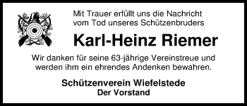 Traueranzeige von Karl-Heinz Riemer von Nordwest-Zeitung