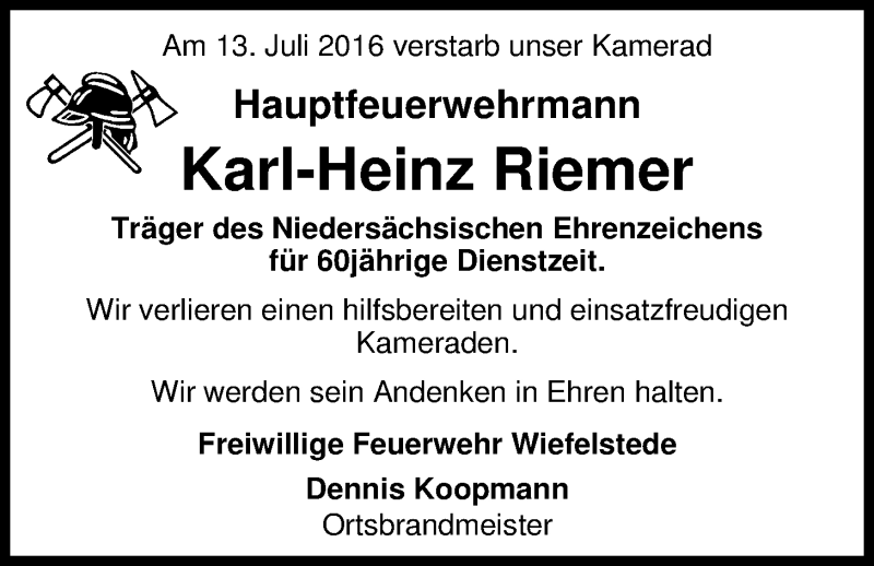  Traueranzeige für Karl-Heinz Riemer vom 14.07.2016 aus Nordwest-Zeitung