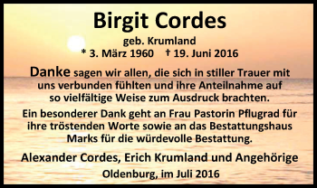 Traueranzeige von Birgit Cordes von Nordwest-Zeitung