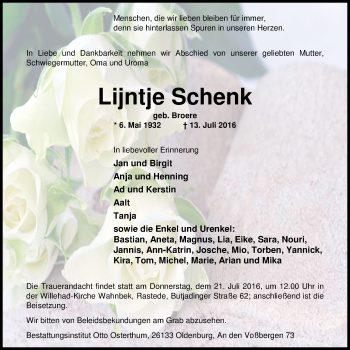 Traueranzeige von Lijntje Schenk von Nordwest-Zeitung