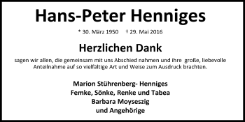 Traueranzeige von Hans-Peter Henniges von Nordwest-Zeitung
