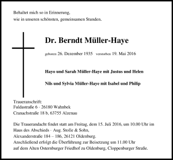 Traueranzeige von Berndt Müller-Haye von Nordwest-Zeitung