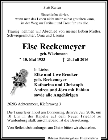 Traueranzeige von Else Reckemeyer von Nordwest-Zeitung