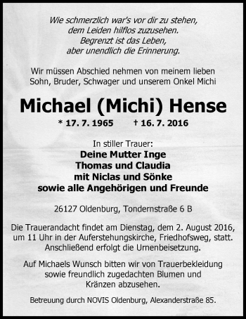 Traueranzeige von Michael (Michi) Hense von Nordwest-Zeitung