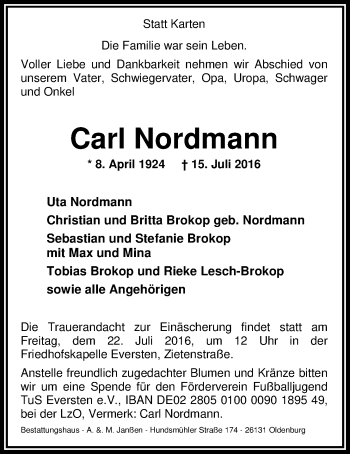 Traueranzeige von Carl Nordmann von Nordwest-Zeitung