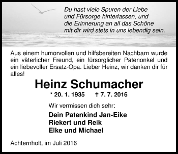 Traueranzeige von Heinz Schumacher von Nordwest-Zeitung