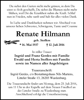 Traueranzeige von Renate Hilmann von Nordwest-Zeitung