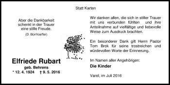 Traueranzeige von Elfriede Rubart von Nordwest-Zeitung