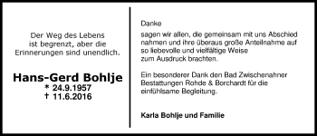 Traueranzeige von Hans-Gerd Bohlje von Nordwest-Zeitung
