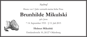 Traueranzeige von Brunhilde Mikulski von Nordwest-Zeitung