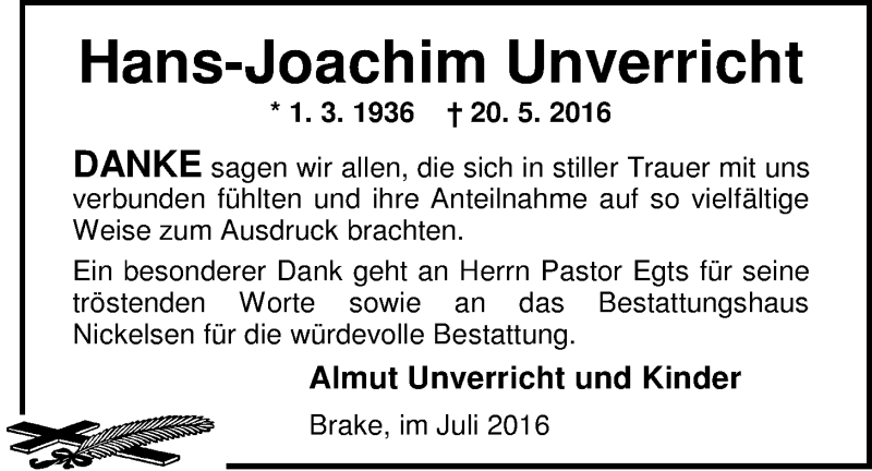  Traueranzeige für Hans-Joachim Unverricht vom 02.07.2016 aus Nordwest-Zeitung