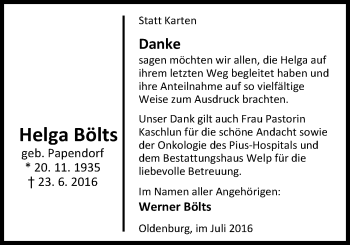 Traueranzeige von Helga Bölts von Nordwest-Zeitung