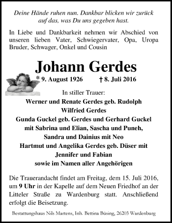 Traueranzeige von Johann Gerdes von Nordwest-Zeitung