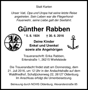Traueranzeige von Günther Rabben von Nordwest-Zeitung