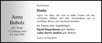 Traueranzeige von Anna Bubolz von Nordwest-Zeitung