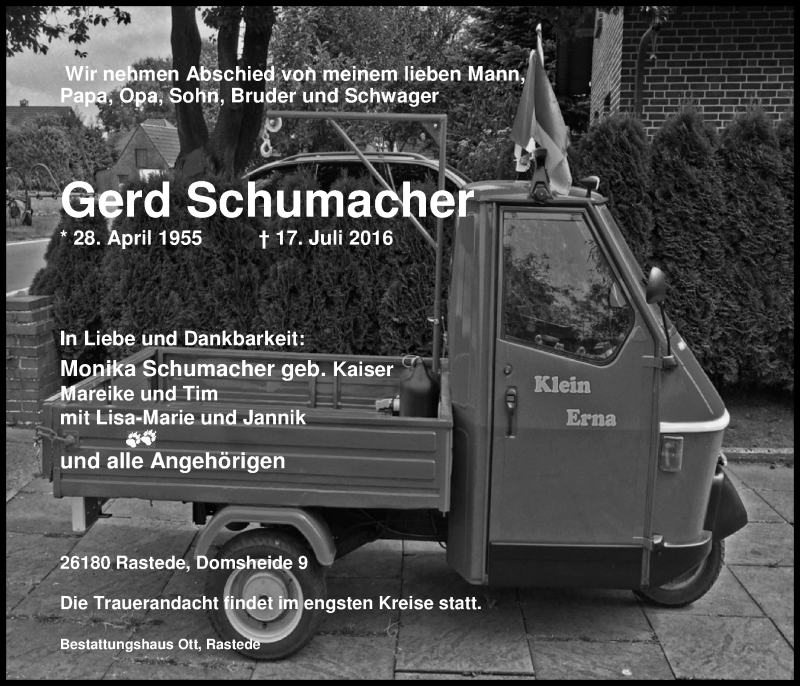  Traueranzeige für Gerd Schumacher vom 21.07.2016 aus Nordwest-Zeitung