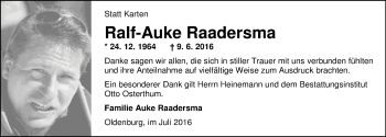 Traueranzeige von Ralf-Auke Raadersma von Nordwest-Zeitung