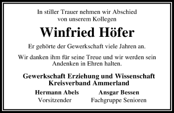 Traueranzeige von Winfried Höfer von Nordwest-Zeitung