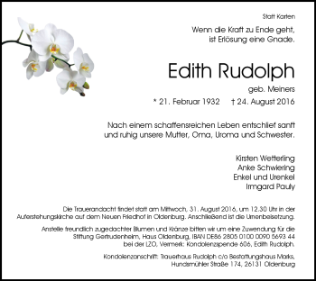 Traueranzeige von Edith Rudolph von Nordwest-Zeitung