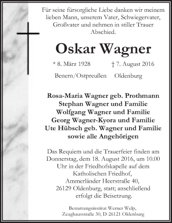 Traueranzeige von Oskar Wagner von Nordwest-Zeitung