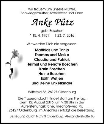 Traueranzeige von Anke Pütz von Nordwest-Zeitung