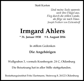 Traueranzeige von Irmgard Ahlers von Nordwest-Zeitung