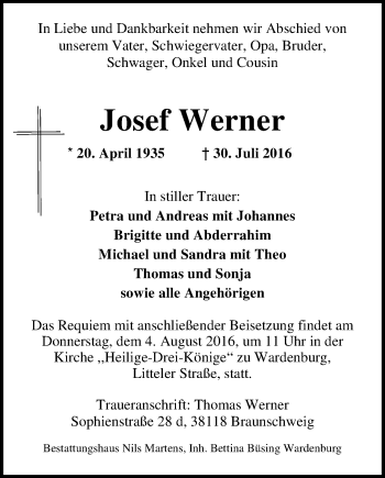 Traueranzeige von Josef Werner von Nordwest-Zeitung