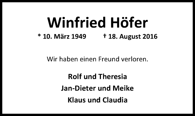  Traueranzeige für Winfried Höfer vom 25.08.2016 aus Nordwest-Zeitung