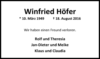 Traueranzeige von Winfried Höfer von Nordwest-Zeitung