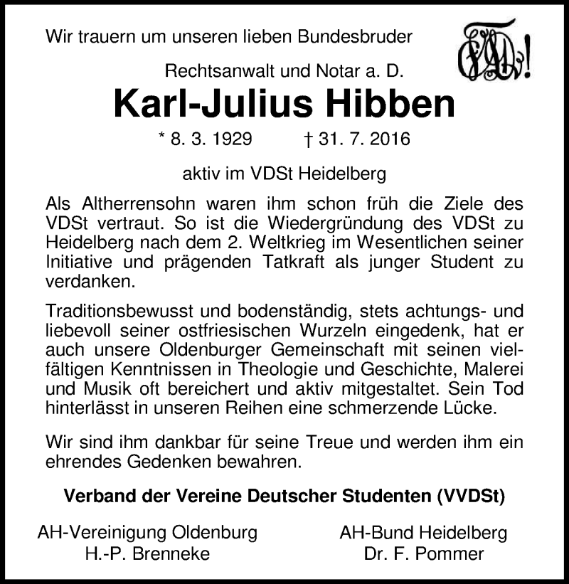  Traueranzeige für Karl-Julius Hibben vom 03.08.2016 aus Nordwest-Zeitung