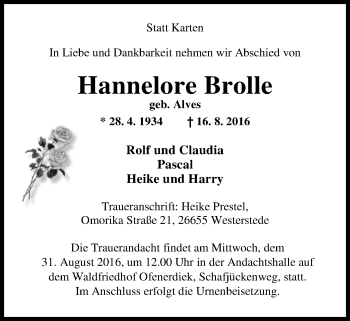 Traueranzeige von Hannelore Brolle von Nordwest-Zeitung