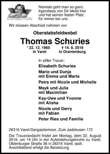 Traueranzeige von Thomas Schuries von Nordwest-Zeitung