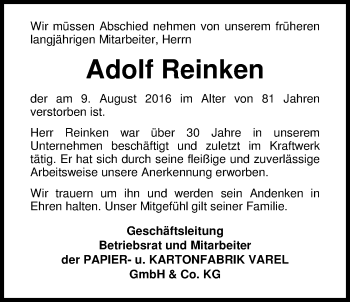 Traueranzeige von Adolf Reinken von Nordwest-Zeitung