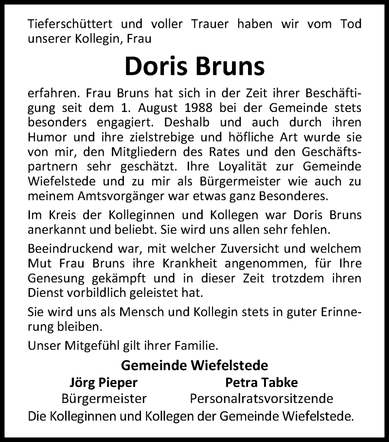  Traueranzeige für Doris Bruns vom 13.08.2016 aus Nordwest-Zeitung