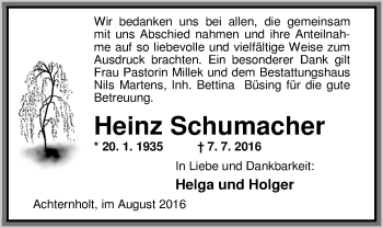 Traueranzeige von Heinz Schumacher von Nordwest-Zeitung