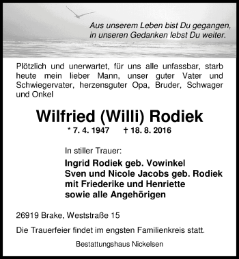 Traueranzeige von Wilfried Rodiek von Nordwest-Zeitung