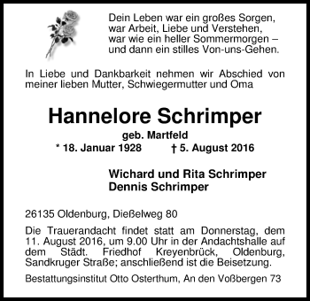 Traueranzeige von Hannelore Schrimper von Nordwest-Zeitung
