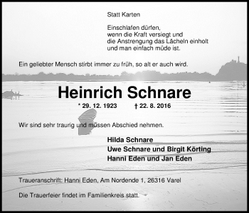 Traueranzeige von Heinrich Schnare von Nordwest-Zeitung
