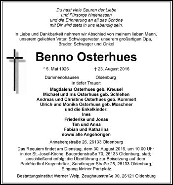Traueranzeige von Benno Osterhues von Nordwest-Zeitung