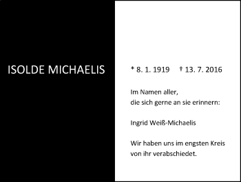 Traueranzeige von Isolde Michaelis von Nordwest-Zeitung