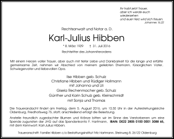 Traueranzeige von Karl-Julius Hibben von Nordwest-Zeitung