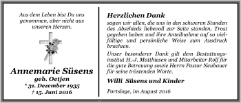 Traueranzeige von Annemarie Süsens von Nordwest-Zeitung