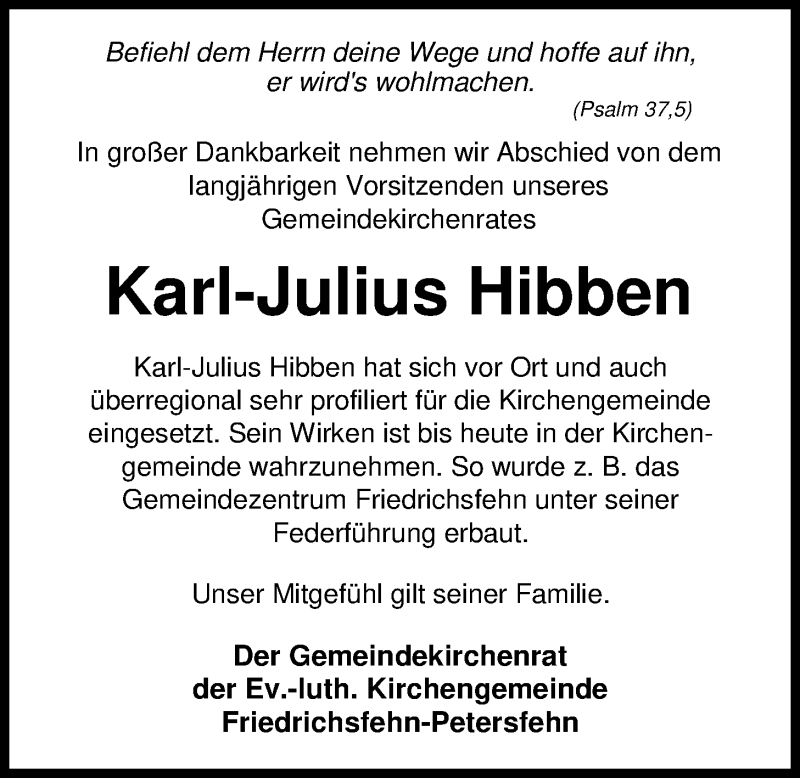  Traueranzeige für Karl-Julius Hibben vom 05.08.2016 aus Nordwest-Zeitung